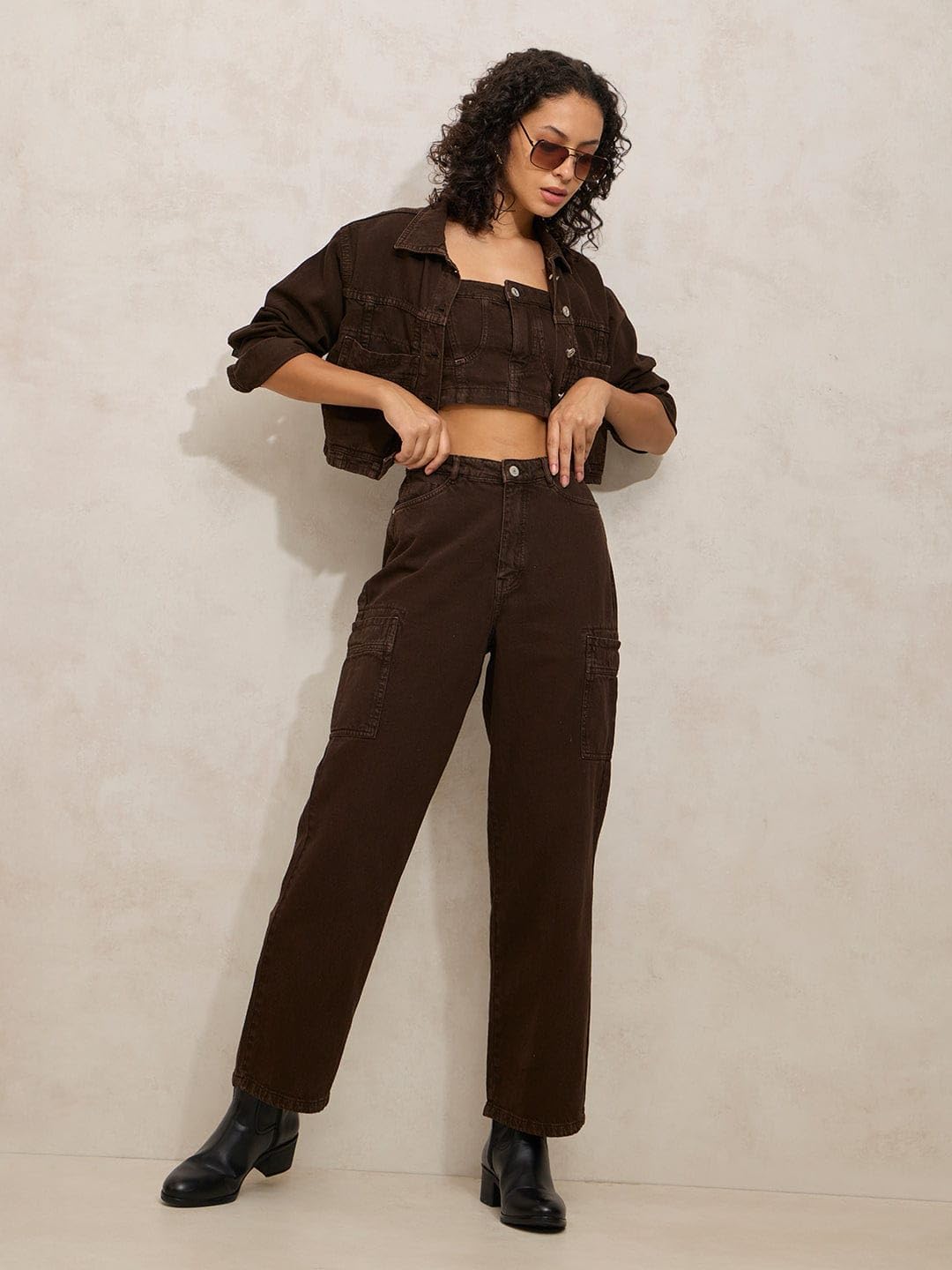 SHOWOFFFF Edition Women's Brown Denim Co-ords Set with Crop Jacket-IM-11614-15-13_Brown_M 1