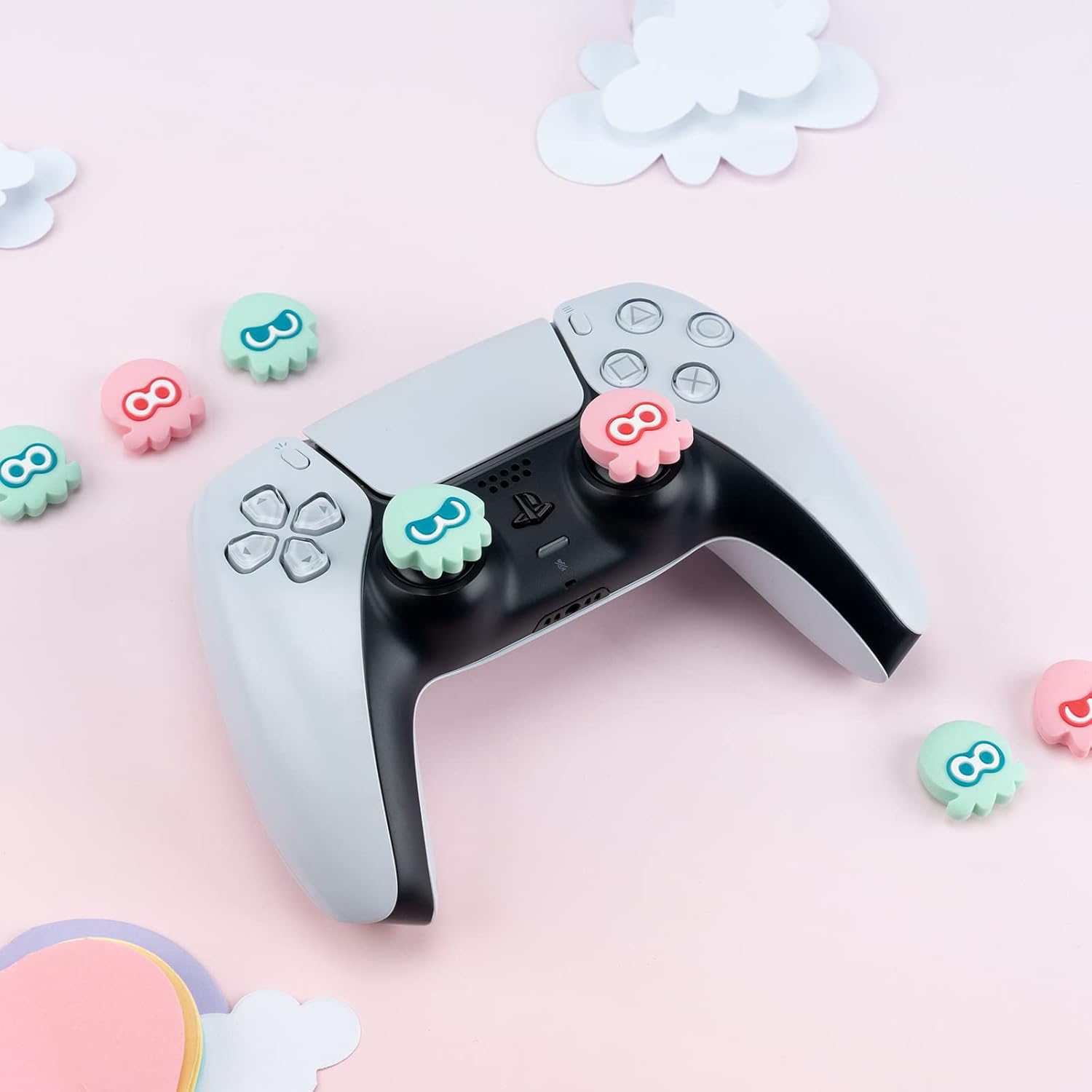 Thumb Grip Caps Compatible with Playstation 5 Controller, Soft Silicone Thumbsticks Cover Set for Playstation PS5 PS4 and Switch Pro Controllers, 4Pcs - Squid & Octopus (Pink&Green)