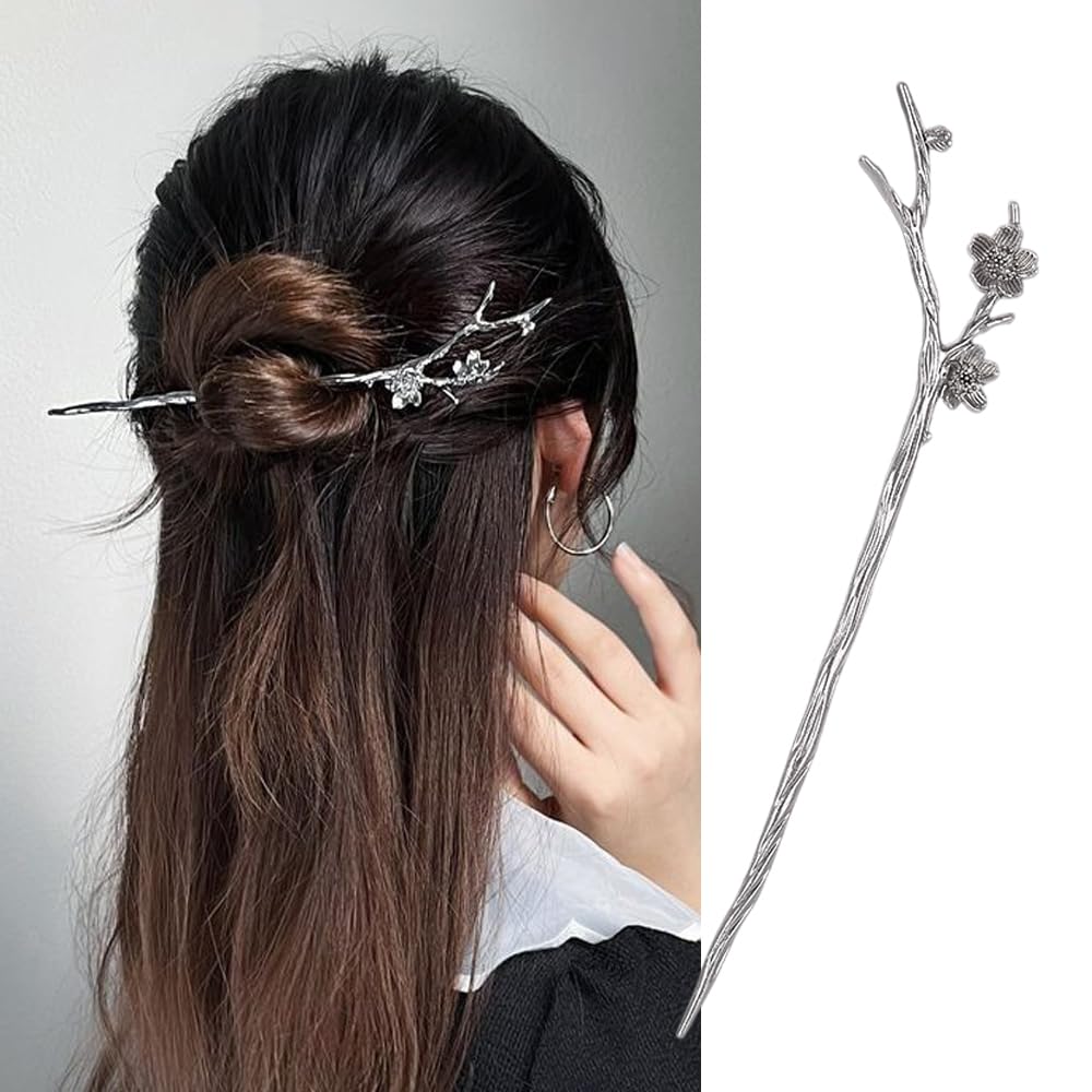 S.A.V.I Silver Cherry Blossom Hair Stick for Women | Elegant Chinese Style Metal Hairpin | Unique Floral Branch Design Hair Accessories for Buns & Hairstyles | Traditional & Modern Look-image-49