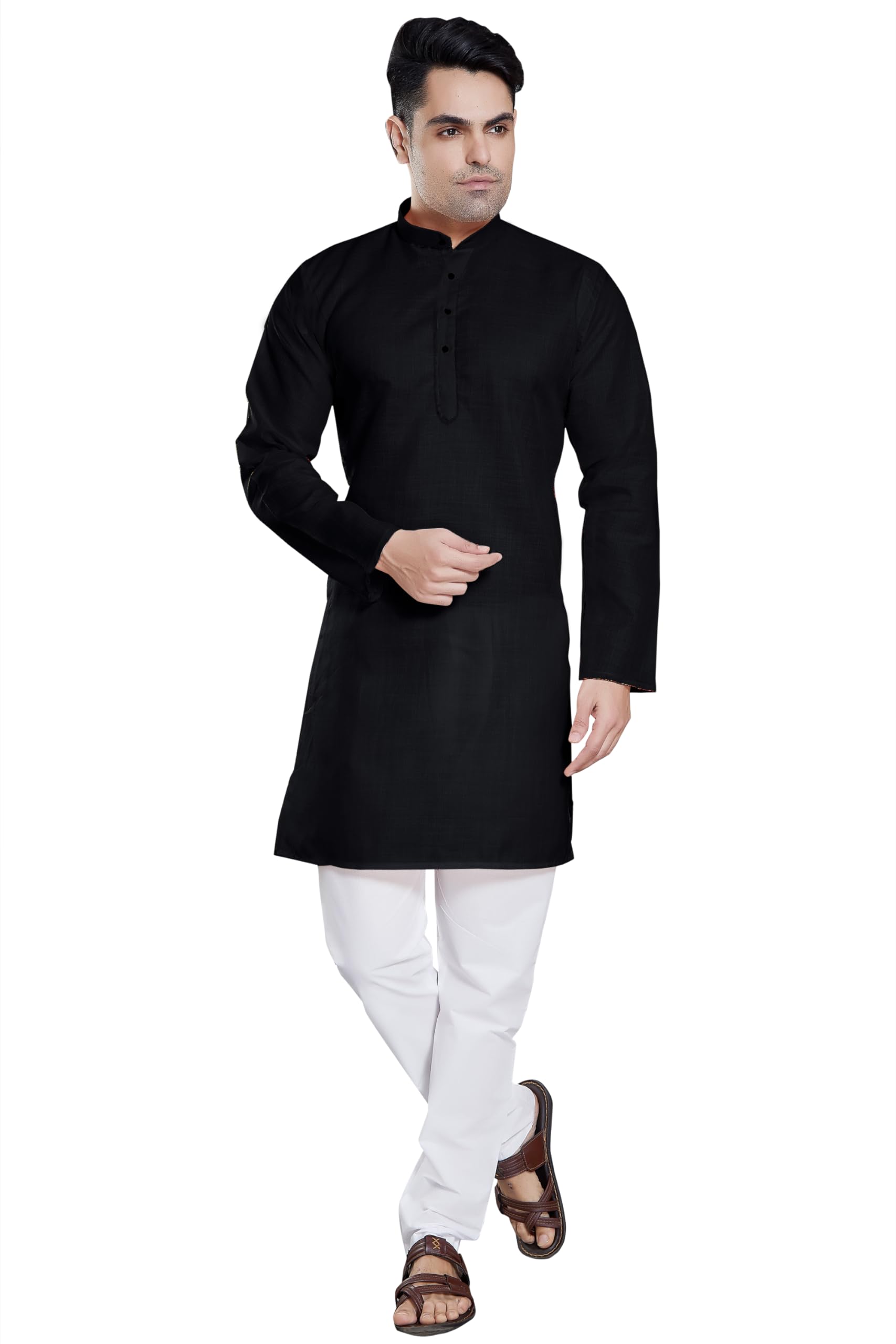 Divisive Men's Plain Cotton Blend Linen Slim Fit Kurta Pyjama Set (Dkrt53_M_Black)