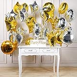 LAttLiv Foil Balloons 18 Inch 32 Packs Gold Silver Star Round Shaped Mylar Balloons With Free 100 Spot Glue