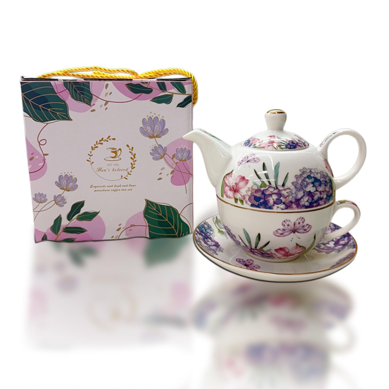Service à thé pour une personne - Motif floral - Théière en céramique de 400 ml avec tasse de 250 ml - Service à thé en porcelaine pour le thé de l'après-midi - Cadeau pour femme - Vaisselle à café