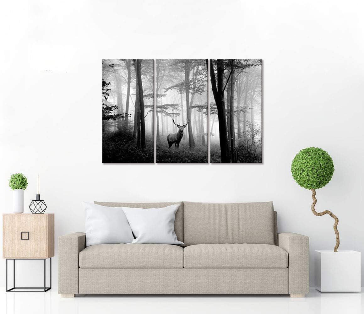 WELMECO 3 Pieces Animals Wall Decor Black and White Deer in Autumn Forest Canvas Prints Artwork for Home Office Nature Scenery Living Room Bedroom Decoration (L-48 XH-32)