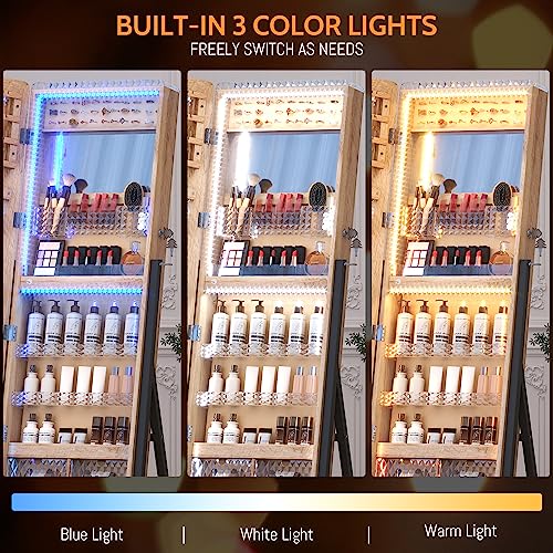 LVSOMT LED Jewelry Mirror Cabinet, Standing Full Length Mirror with Storage, Lockable Jewelry Armoire Organizer with 2 Drawers, Bottom Shelf, Built-in Lighted Makeup Mirror (Brown)