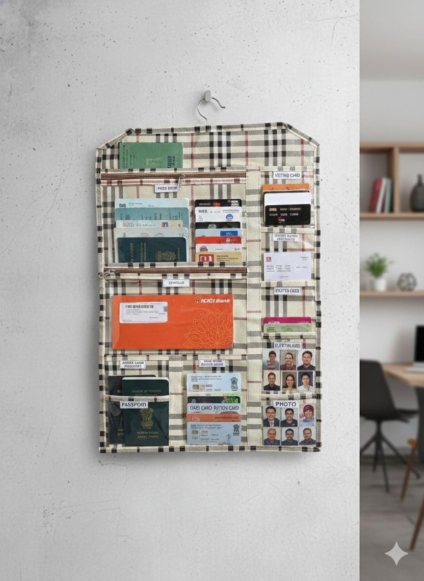Multi-Pocket Wall & Wardrobe Hanging Document Organizer | 10 Pockets for Passport, Aadhaar, PAN Card, Passbook & Bank Cards | Space-Saving Home & Travel Document Manager (Checkered Design) 2