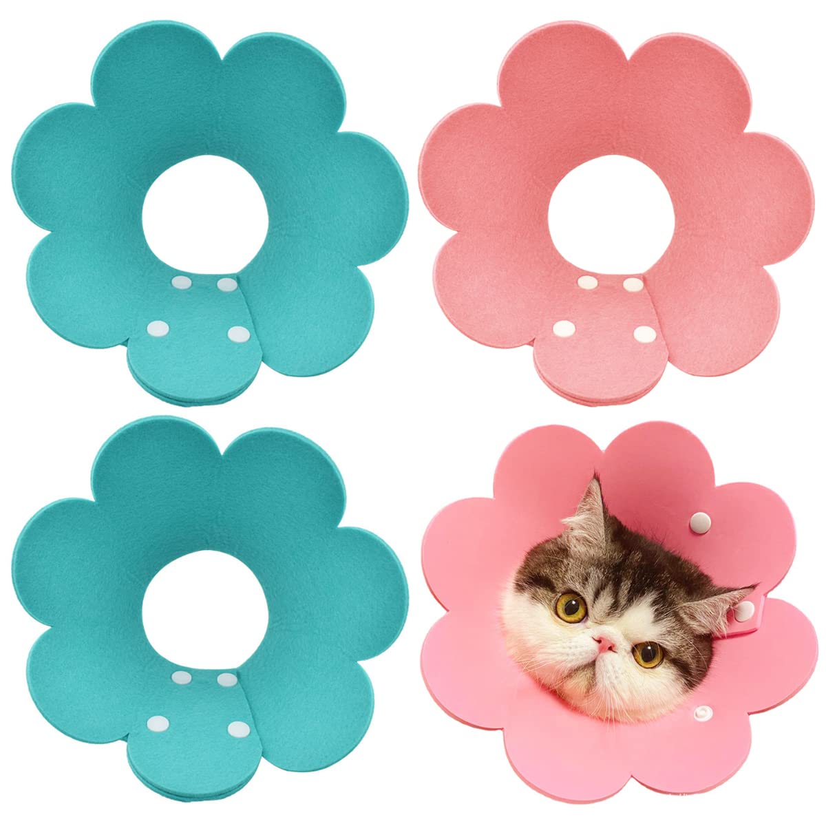 Qixuer Cono De Recuperación para Gatos, Isabelinos para Gatos 4 Piezas Ajustable Collar De Recuperación para Mascota Cuello Protector De Perros y Gatos para Curación De Heridas Rosa y Celeste
