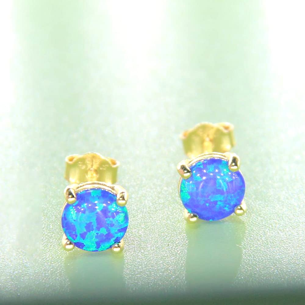 14K Gelbgold gefüllter Sterlingsilber 3/4/5/6MM Feueropal-Edelstein-Ohrstecker für Damen und Herren, Farbe Weiß - Blau - Rosa - Grün - Schwarz