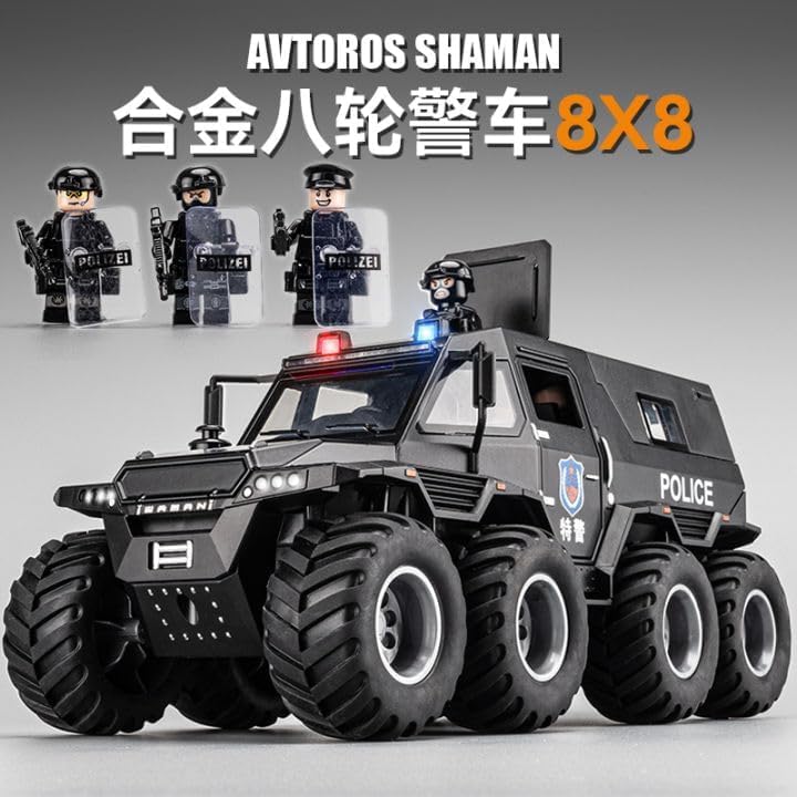 Image of SPITEN 1:32 Scale Exclusive Alloy Metal Pull Back Die-Cast Car Scale Model With Sound Light Mini Auto Toy For Kids Metal Model Toy Car With Sound And Light (8X8 Suv Police Pickup), Multicolor