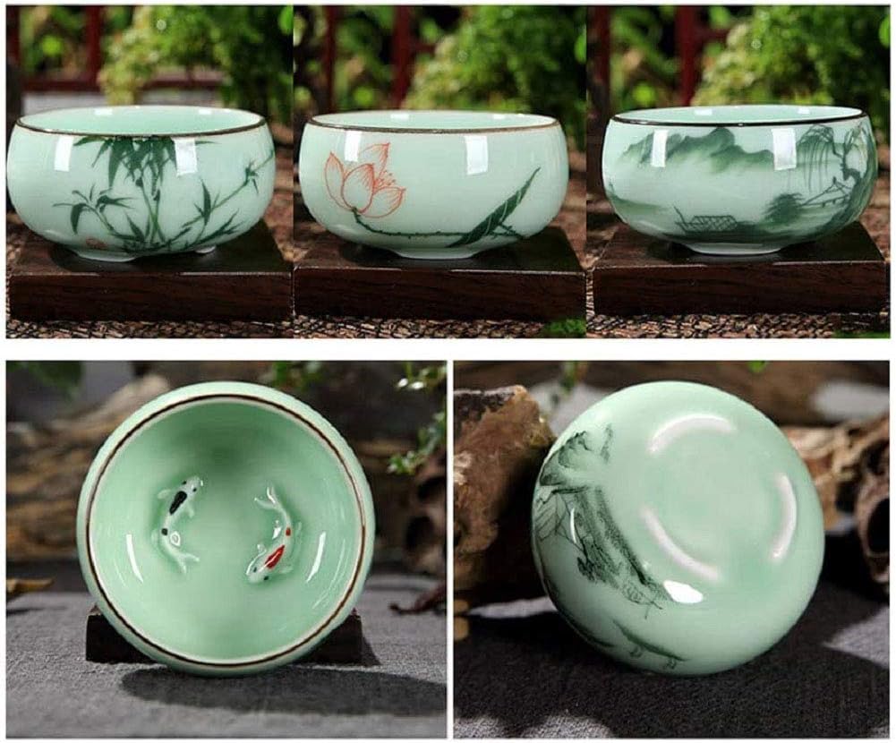 Hotumn Celadon Teacup Porcelain Chinese kungfu Teacup Fishes and Lotus Pattern set of 3 (Celadon)