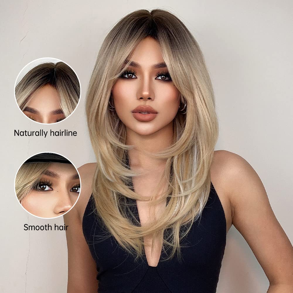 EMMOR Brown Wigs for Women,Long Layered Wigs with Curtain Bangs Heat Resistant Synthetic Fibre Wigs(Mixed Brown) - Image 4