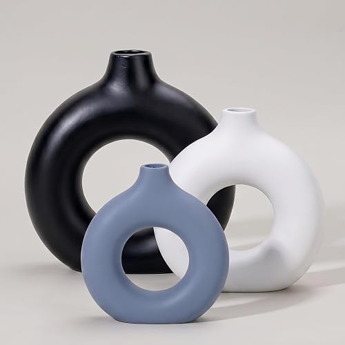 Ceramic Vases Set of 3 - Modern Farmhouse Boho Home Decor Black White Gray | Flower Vase for Living Room Shelf Entry Way Table Centerpiece Decorations - Kitchen Dining Bedroom Aesthetic Decor