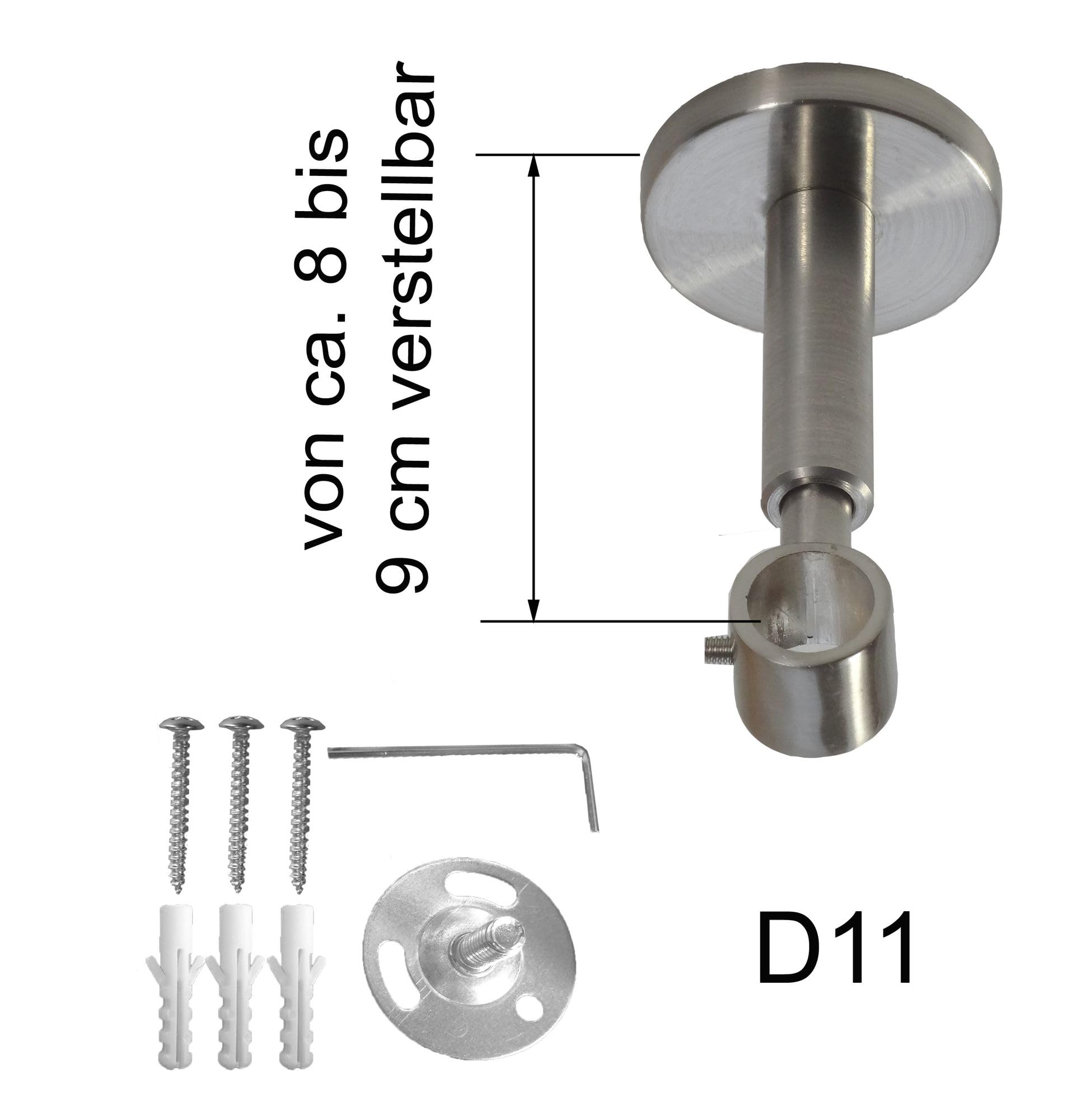 BASIT Gardinenstange Edelstahllook 16mm 1-läufig Decke Wand 320cm lang D11 | Gardinenstangenset einläufig Deckenmontage & Wandmontage Metall Vorhangstange 120-600cm wählbar Kappe E16