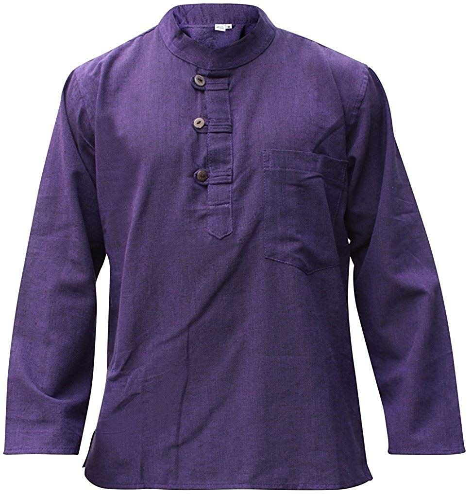 SHOPOHOLIC FASHION Plain Hemp Fabric Band Collar Hippy Grandad Shirts for Men, Purple, 2XL