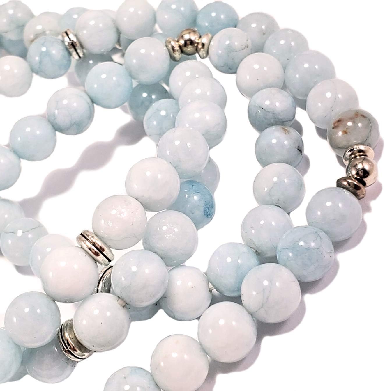 108 Bead Aquamarine Japa Mala Necklace – Handmade Yoga Jewelry with Lotus Charm – 8mm Natural Gemstones for Meditation, Chakra Bracelet, Reiki & Spiritual Balance – Stretchy Unisex Design