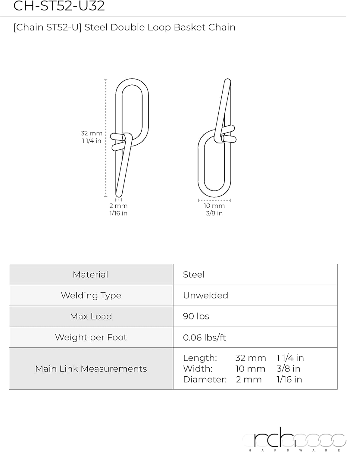 RCH Hardware CH-S52-03-PB-164 12 Gauge Decorative Solid Steel Double Loop Chain | 1 Reel/ 164'