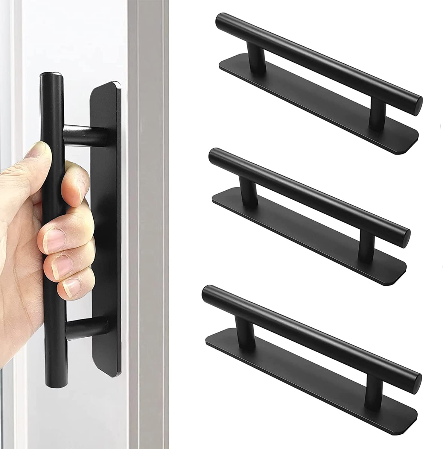 Goodern 3 PCS Self Adhesive Cabinet Handles Pulls Set,Aluminium Alloy Drawer Push Pull Helper with 3M Adhesive Kitchen/Bathroom Self Stick Instant Handles Closet Window Sliding Pulls Tools-Black