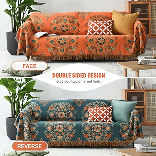 Orange Throw Blanket, 100% Cotton Bohemian Queen Size Bed Blanket, Boho Muslin Throw Blanket For Couch Farmhouse, Floral Reversible Cozy Soft Oversized Queen Blanket, 90X98, Bedroom Outdoor #TOP5