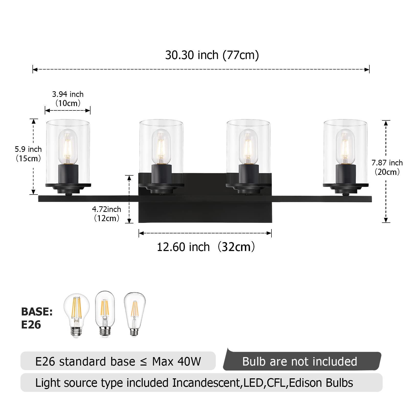 HUESLITE 4-Light Matte Black Vanity Lights with Clear Glass Shade, Bathroom, Hallway, Kitchen, Bedroom Wall Sconce