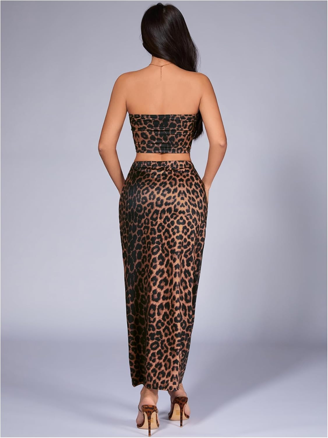 Milumia Women's Two Piece Skirt Set Cheetah Print Strapless Crop Tube Top Maxi Skirts Rave Ouftits - Image 2