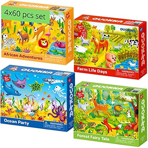 60 Piece Jigsaw Puzzles For 3 Year Olds - Set of 4 Jigsaws for Children Age 4 5 7 by QUOKKA - Africa Farm Ocean Forest Animals Toddler Toys 5-8 yo - Gift Educational Game for Boys & Girls Cover