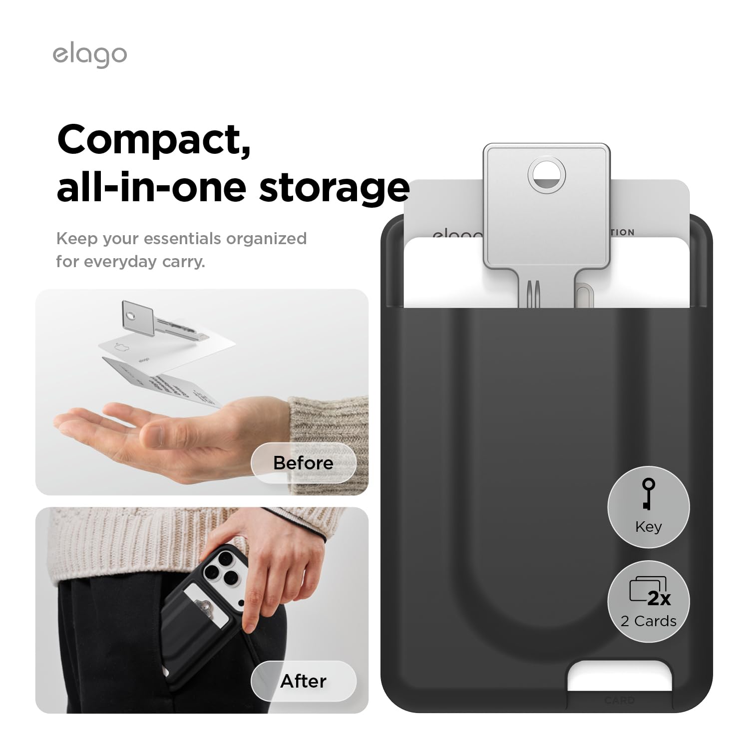 elago Key Magnetische Kartenhalter für 2 Karten, Kompatibel mit MagSafe,Kompatibel mit iPhone 17/16/15/14/13/12 Serie – Wallet, Sichere Handy Geldbörse, Langlebiges Silikon (Schwarz)