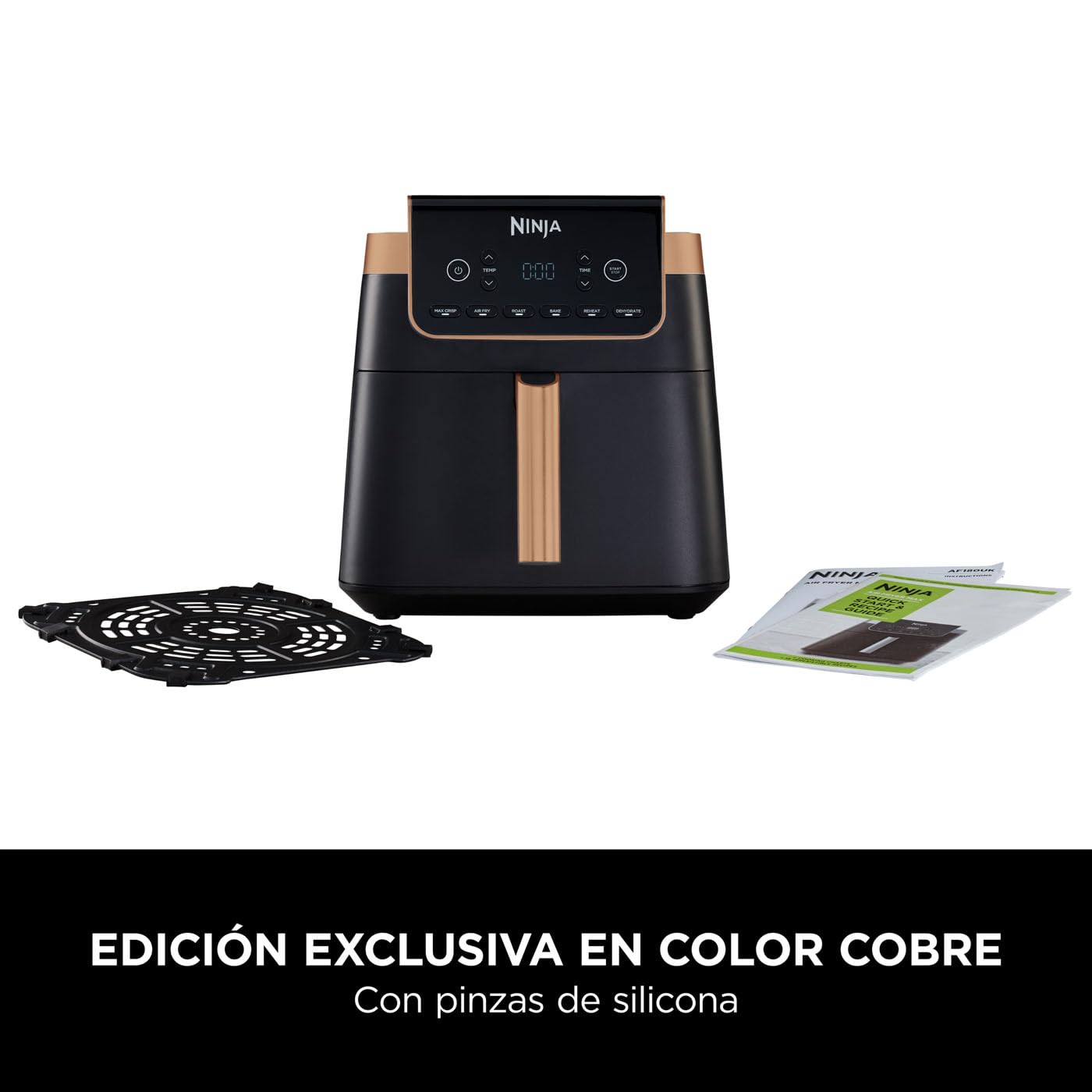 Vista detallada del cajón de 6,2L de la freidora Ninja MAX PRO con pinzas de silicona incluidas.