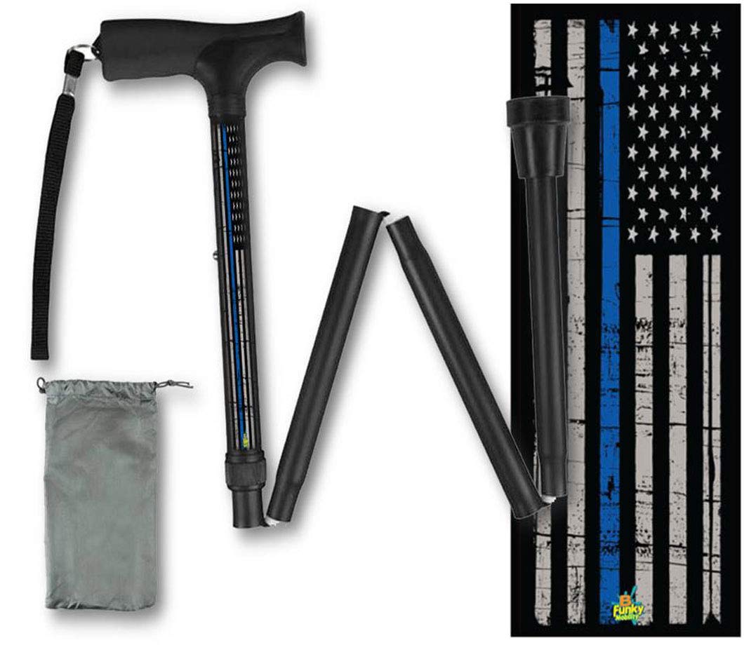 Foldable Walking Cane Thin Blue Line Police Man Woman Retired Service Collapsible Lightweight Travel BFunkyMoblity
