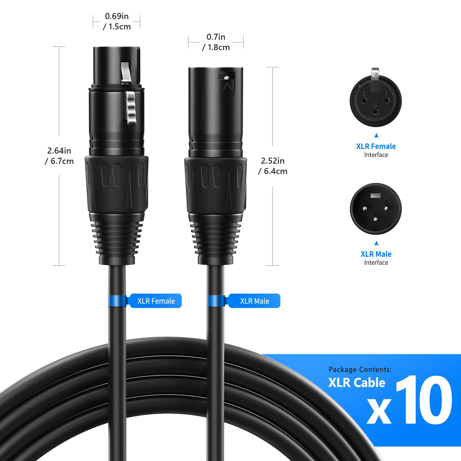 Neewer® Confezione da 10 pezzi di cavi XLR da 2 metri per illuminazione palcoscenico, 3-pin, connettore maschio-femmina per luce a testa mobile, faro effetto luce parabolica con ingresso e uscita XLR