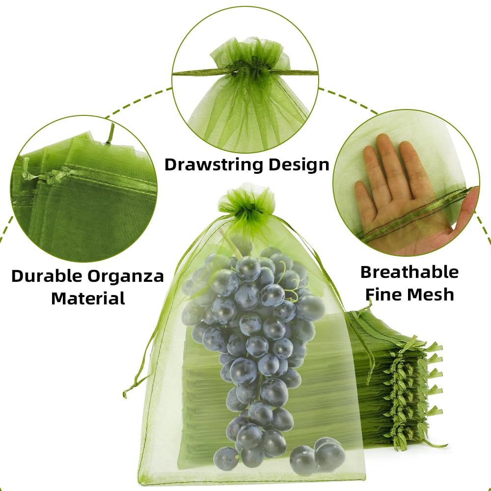 100 bolsas de protección de frutas de 8 x 12 pulgadas, bolsas de red de frutas para árboles frutales, bolsas de malla con cordón, bolsas de organza reutilizables, barrera de plagas para proteger