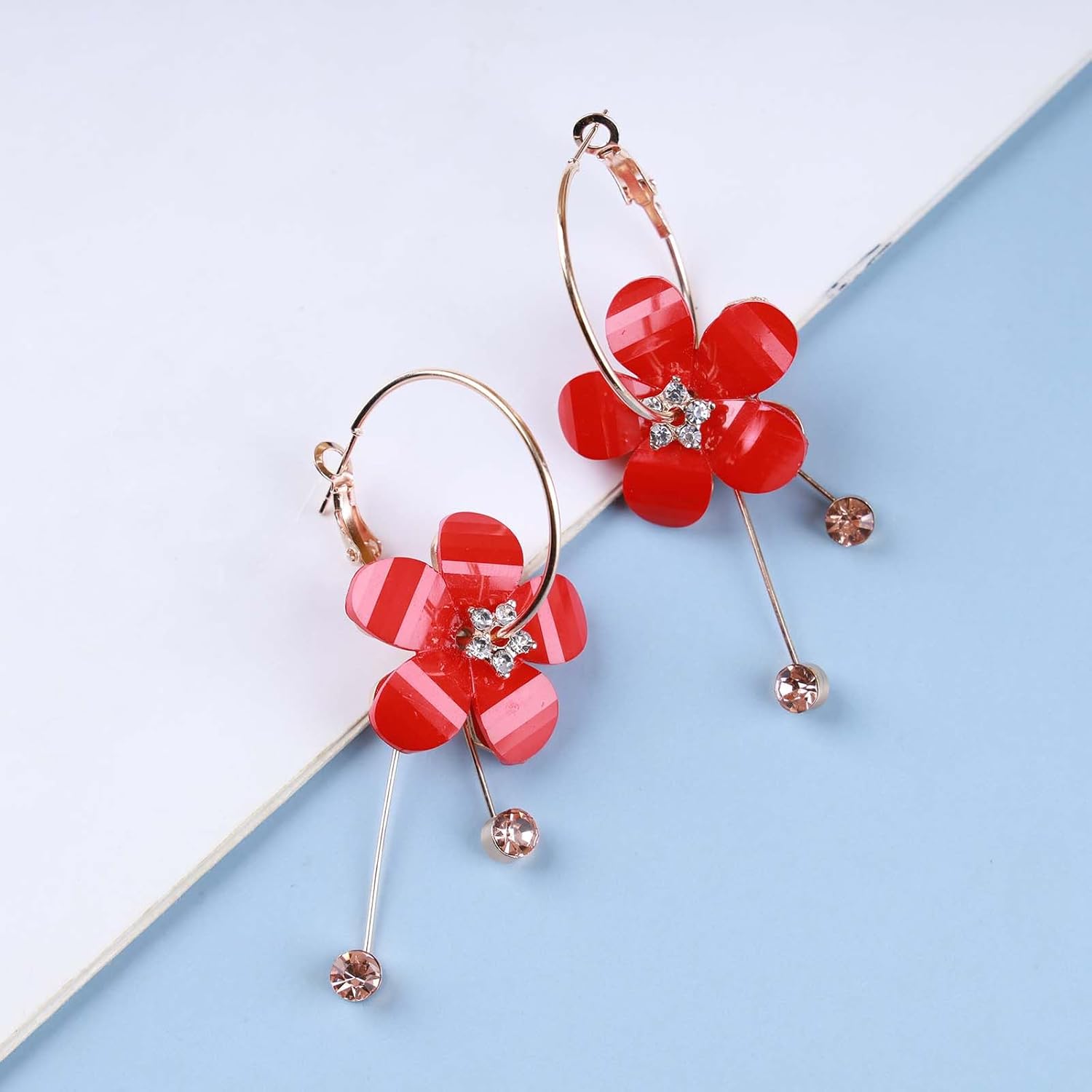 Crystal Flower Hoop Earrings Acrylic Flower Drop Earrings Crystal Floral Dangle Hoop Earring Romantic Floral Statement Earring Jewelry for Women(Pink) - Image 4