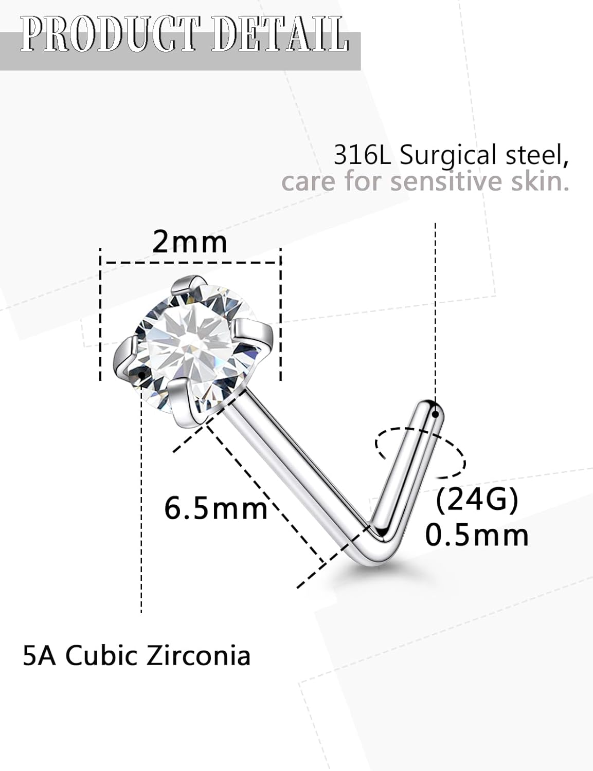 24G 22G 20G 18G Nose Rings Studs Piercing Jewelry For Women Men 316L Surgical Steel 14K Gold Filled L Shaped Nose Rings Studs Nostrial Piercing Jewelry for Women Men Diamond CZ 2mm 3mm - Image 2
