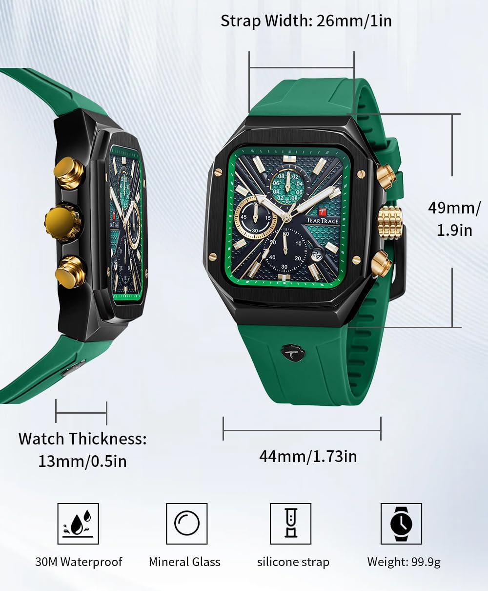 Rectangle Mens Watches Luminous Waterproof Luxury Dress Men's Wrist Watches Chronograph Analog Square Watch for Men with Silicon Strap - Image 3