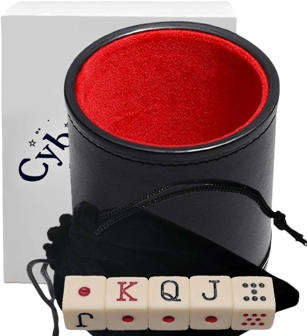Spanish Poker Dice Set 16mm – Dot K Q J 8 7 – PU Leather Dice Cup & Storage Pouch – Sealed Gift Box – Classic Ivory Dice, Red Lining Cup