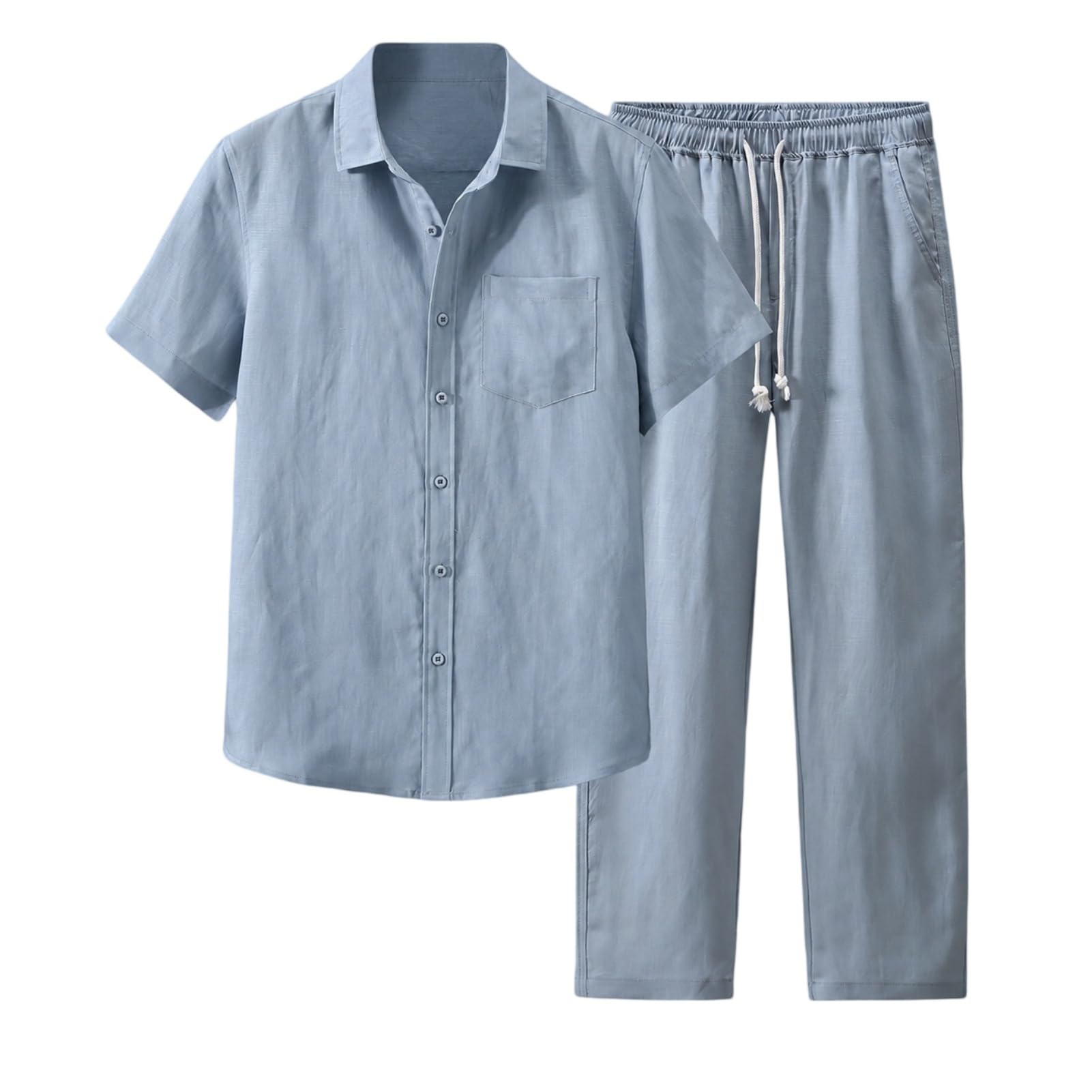 Lyocell Blend - Completo da uomo a maniche corte casual | Colletto rovesciato, tasca sul petto, pantaloni a gamba dritta, abbigliamento quotidiano estivo