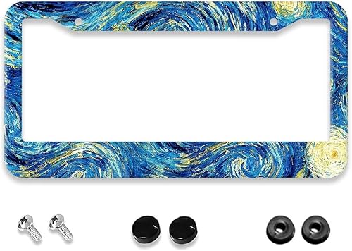 Marco de matrícula de noche estrellada, 1 paquete de aluminio personalizado para placa de matrícula de automóvil, pintura al óleo, soporte universal