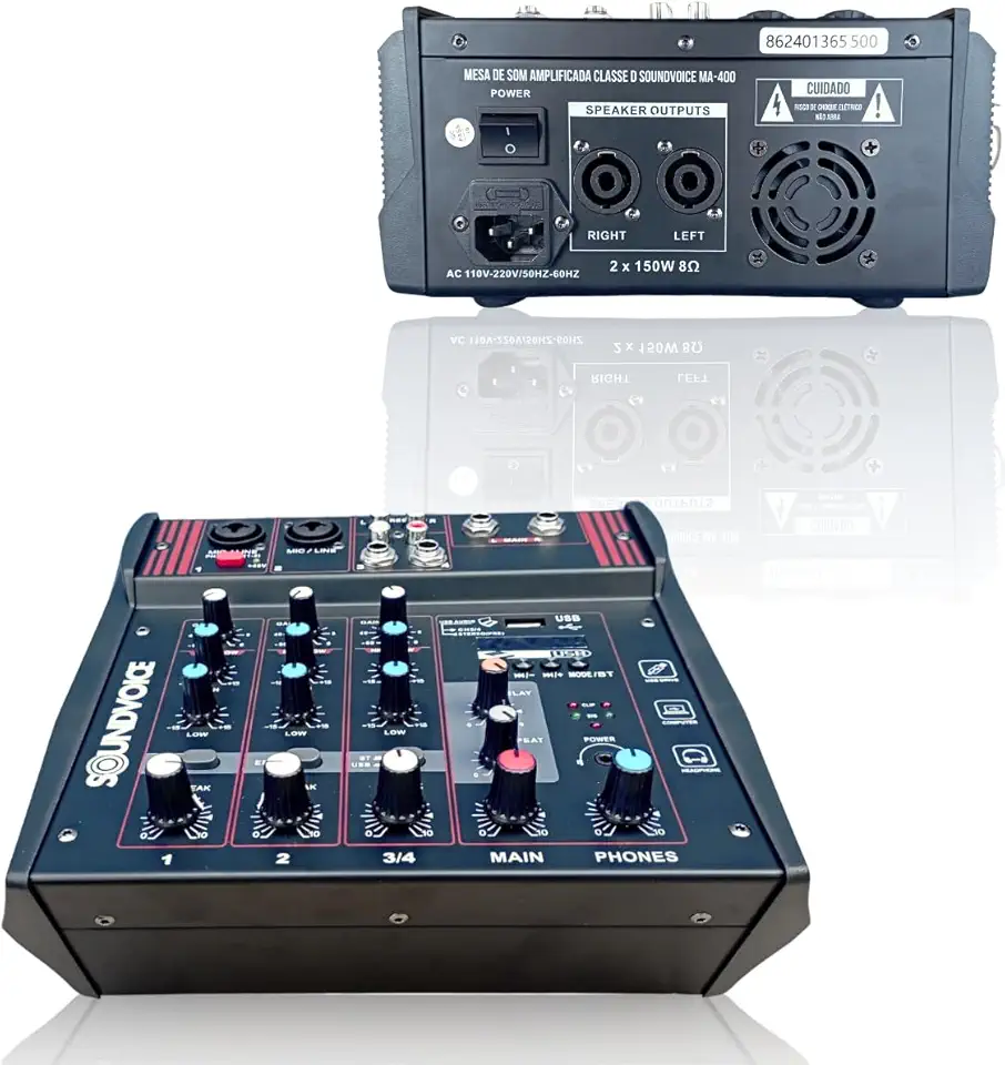 Mesa de Som Amplificada 4 Canais 300W com Interface de Áudio USB Bluetooth Mixer Profissional para Igreja Culto Banda Som ao Vivo Gravação PA Portátil