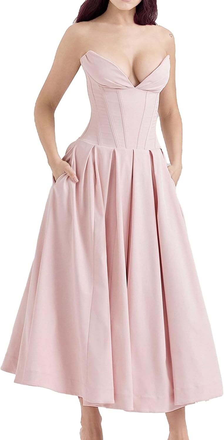 JEKE-DG Women's Wrap Sleeveless Swing Maxi Dress V Neck Ruched Prom Party Dress Slim Fit Fashion Wedding Dresses