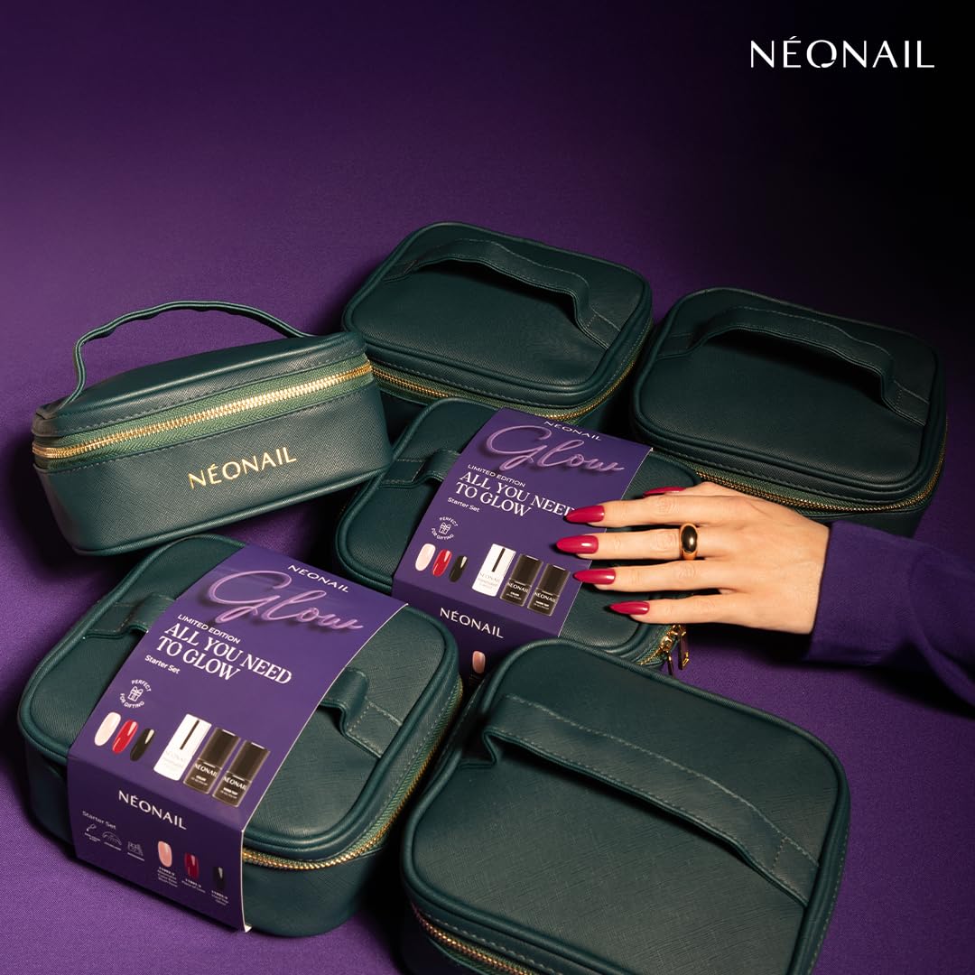 NÉONAIL Zestaw Startowy do Manicure Hybrydowego ALL YOU NEED TO GLOW Starter Set - lampa LED USB 12 W - elegancka kosmetyczka - baza, lakier, top, akcesoria