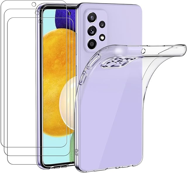 ivoler Case for Samsung Galaxy A52 4G / 5G / A52S 5G, Shock Absorption Bumper Cover with 3 Pack Tempered Glass Screen Protector, Clear Slim Soft TPU Anti-Scratch Shockproof Phone Case Cover