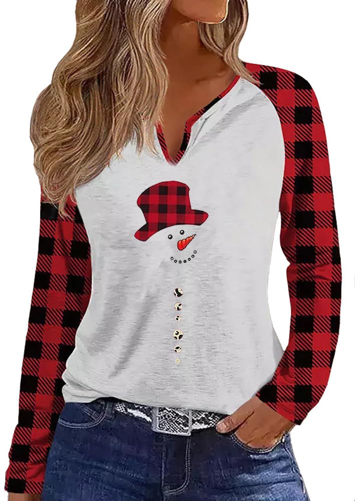 EarlymembChristmas Snowflake V Neck Shirt for Women Funny Xmas Buffalo Plaid Long Sleeve Graphic Tee Holiday Family Party Winter Tops…