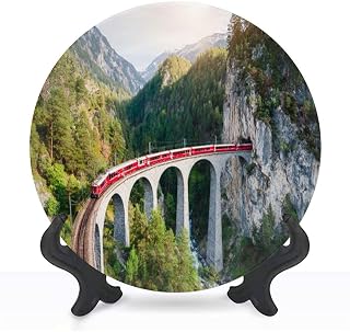 Decorative Plates for Display 10" Train Crossing Bridge Switzerland Ceramic Ornament with Display Stand and Hook Up for Wall Decor Hanging Festival Wedding Gift