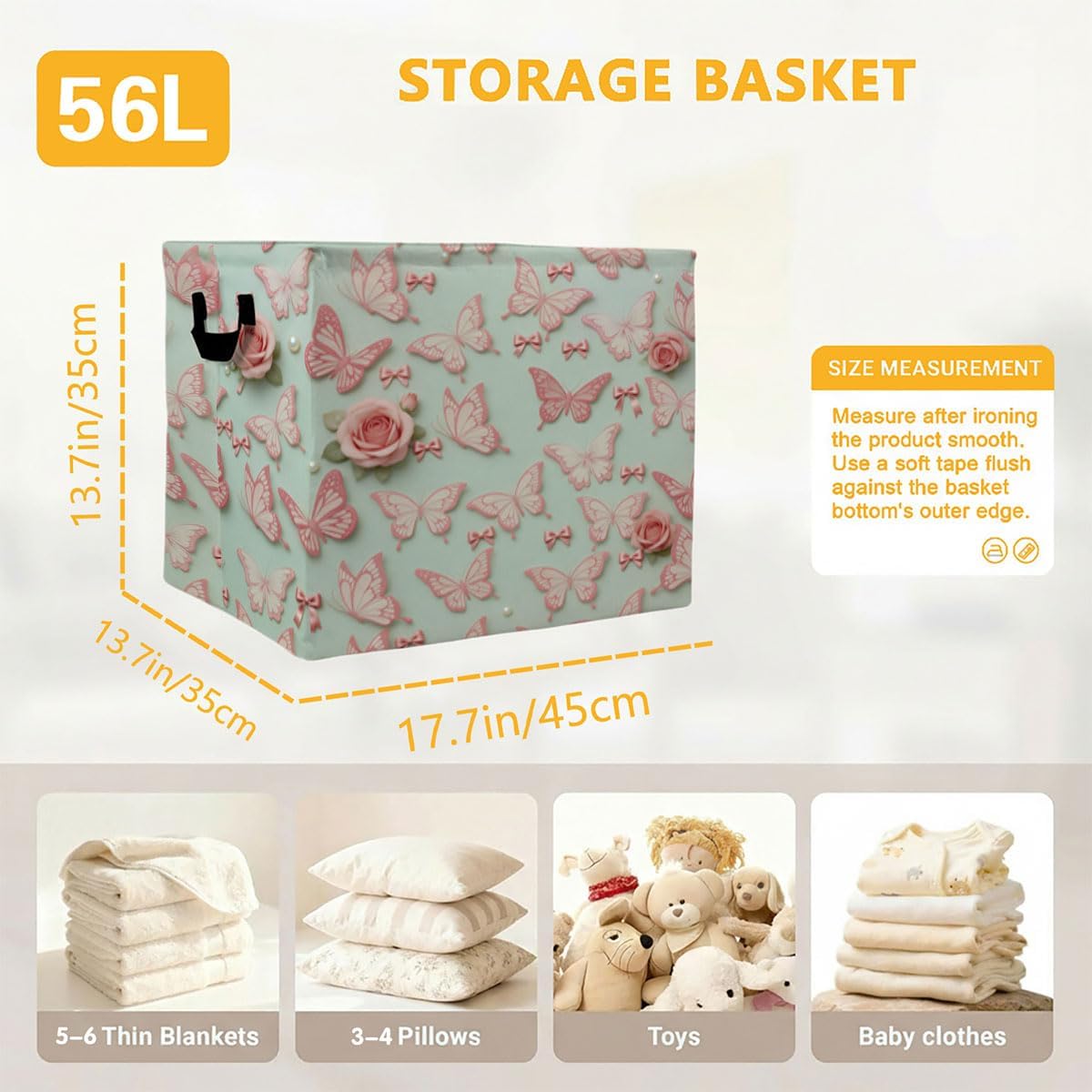 56L Butterflies Laundry Basket Clothes Hamper with Handles,Foldable Blanket Storage Large Laundry Hamper with Waterproof,Toy Storage Bin Organizer,Clothes Organizer,Home Decor Gifts image 4
