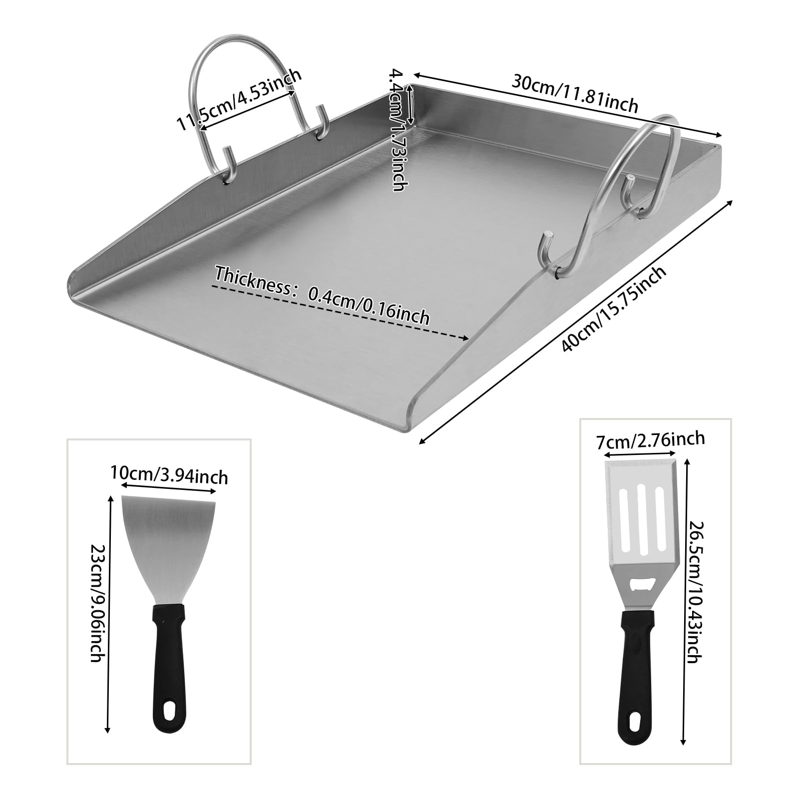 Plancha, piastra per barbecue in acciaio inox, resistente al calore a 338 °C, 40 x 30 cm, con 2 spatole e manici rimovibili, per esterni e campeggio