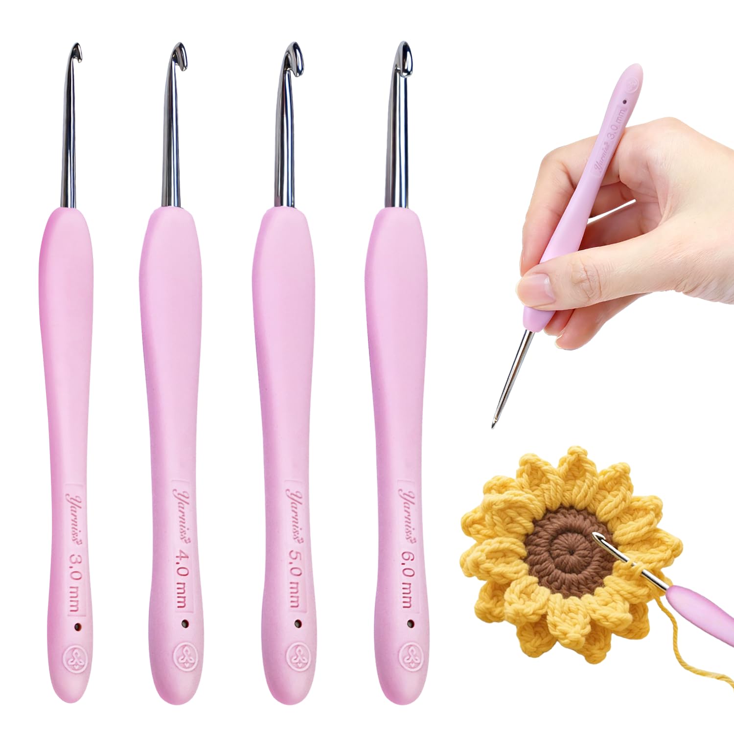 Yarniss Ergonomische Häkelnadel, 3,0–6,0 mm, handpoliert, weicher Griff, ideal für Anfänger und erfahrene Enthusiasten