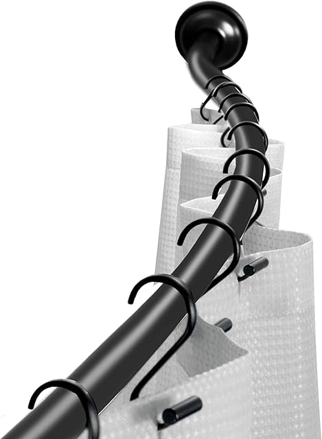 Hododou Curved Shower Rod Adjustable 112-180cm, Telescopic Shower Curtain Pole Extensible Shower Rail Including Fittings (Black)
