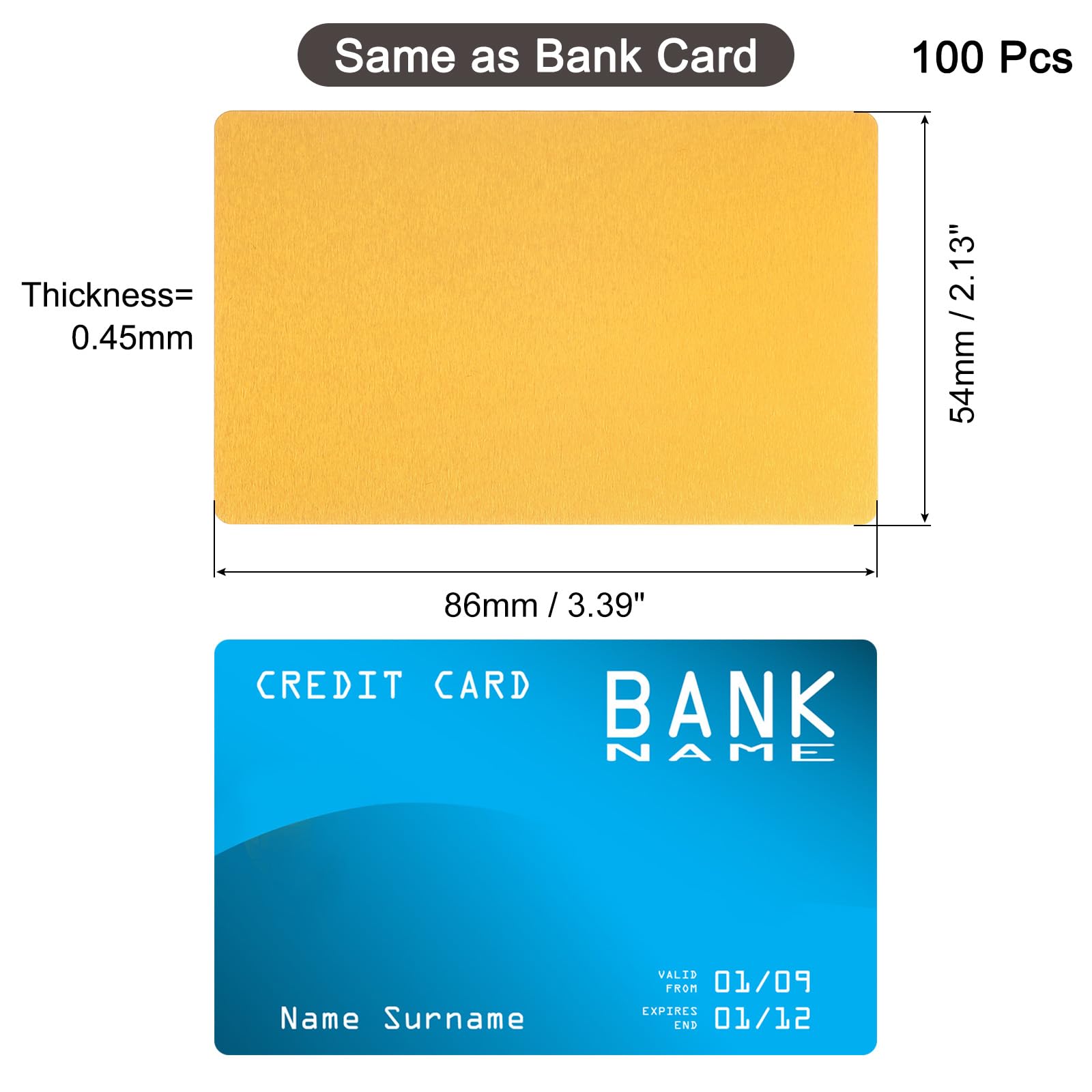 QUARKZMAN 100 Tarjetas de Visita en Blanco de Metal, 86 x 54 x 0.45mm, Hoja de Aluminio Anodizado para Grabado, Tarjetas DIY, Color Oro