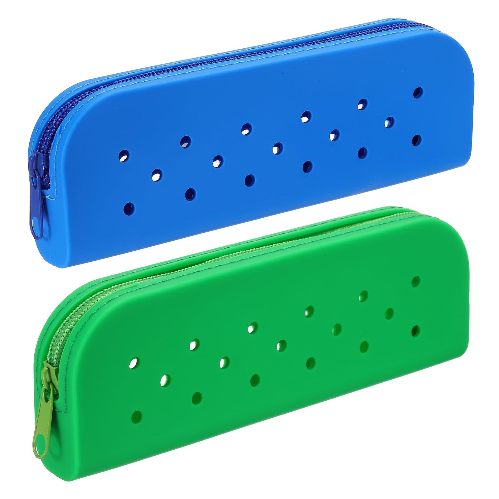 PATIKIL 2 Pack Silicone Pencil Pouch, Small Pencil Pouch Case with DIY Holes Cute Silicone Stationery Organizer for Office Travel Makeup, Dark Blue/Green