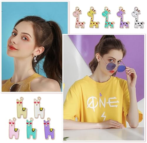 Miniatura 5 de SUPERFINDINGS 40 dijes de jirafa y alpaca de 5 colores, 2 estilos, esmalte de aleación, dijes colgantes de temática animal, color mixto, amarillo,