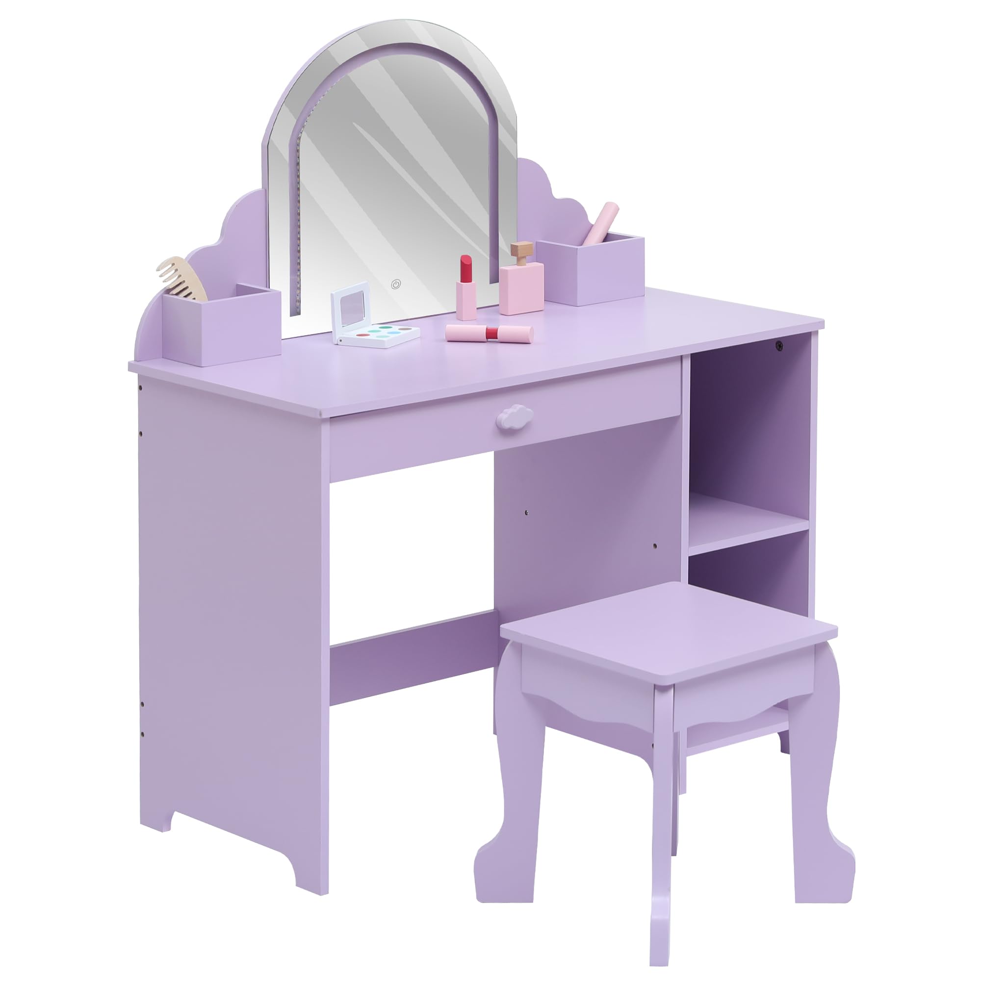 Garvee Kinder-Kosmetiktisch Mit Beleuchtungsspiegel & Hocker – Schminktisch Für Kleine Mädchen Inklusive Holz-Kosmetikset, Verstellbarer LED-Beleuchtung, Für Mädchen Von 3-9 Jahren
