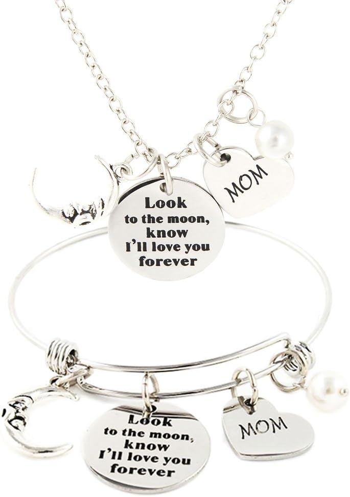 316L Stainless Steel Miss Mom Bracelet | Look To The Moon Know I'll Love You Forever Mom Bracelet | Memorial Bracelet Pendant Necklace